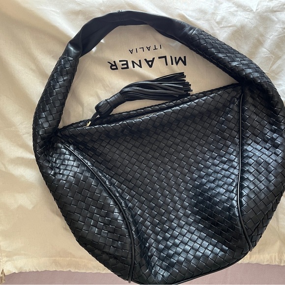 Milaner Italia Hallie Hobo Black Woven Nappa Leather Zip Top Bag Purse New - Picture 6 of 14